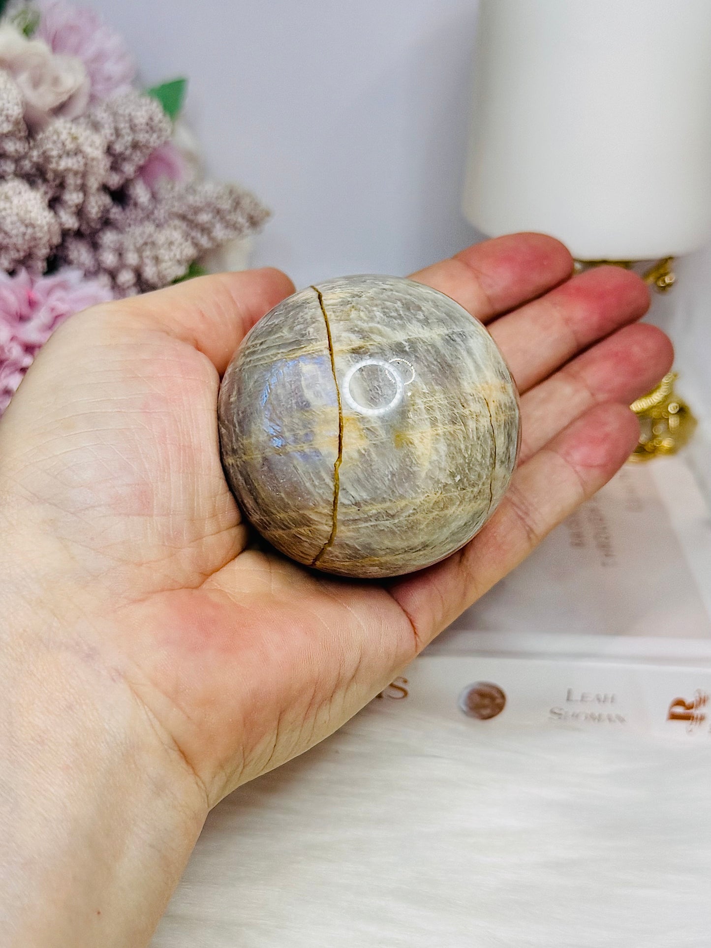 Moonstone Sphere with Blue Flash 6.5cm On Stand