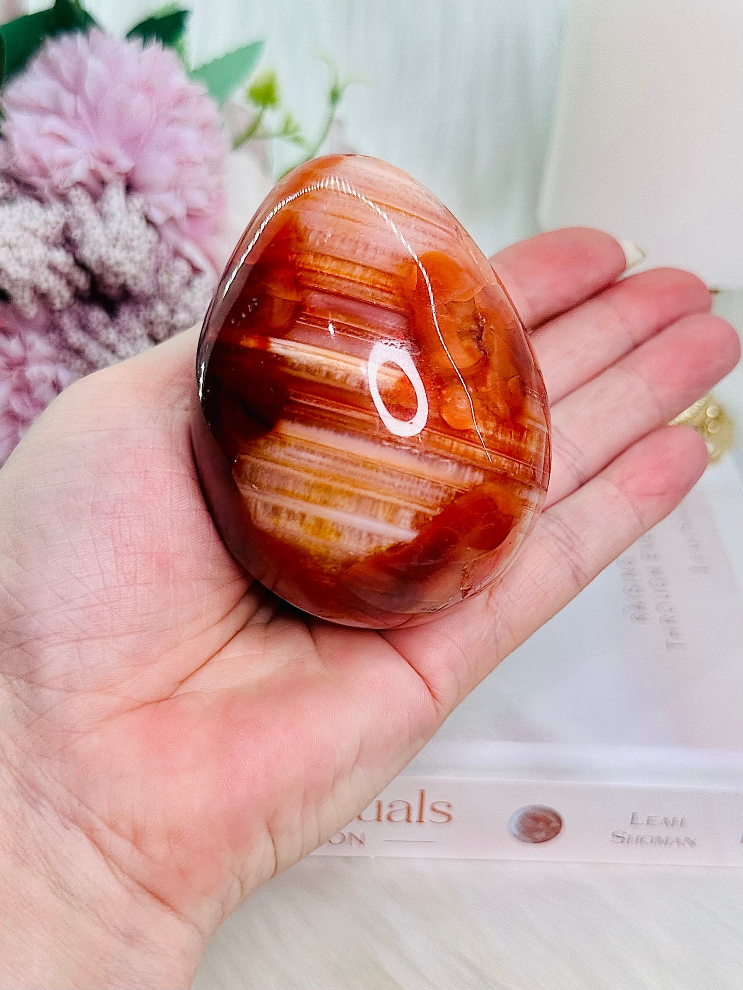 Absolutely Gorgeous Carnelian Egg 349grams On Stand (Glass stand in pic is display only)