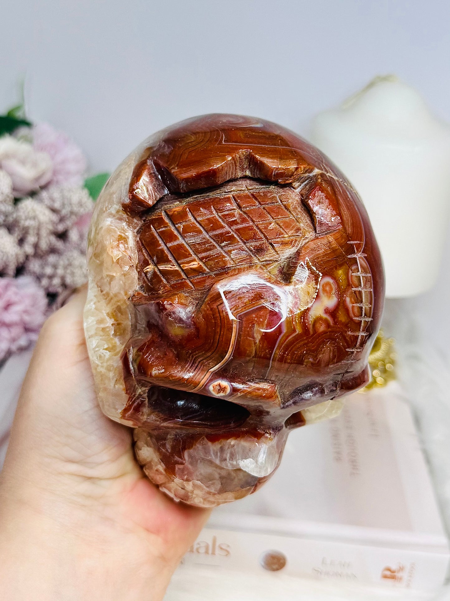 Large Carnelian Carved Skull 1.2KG 12.5cm ~ Discounted as it does not stand straight and needs the stand under the side to keep it up