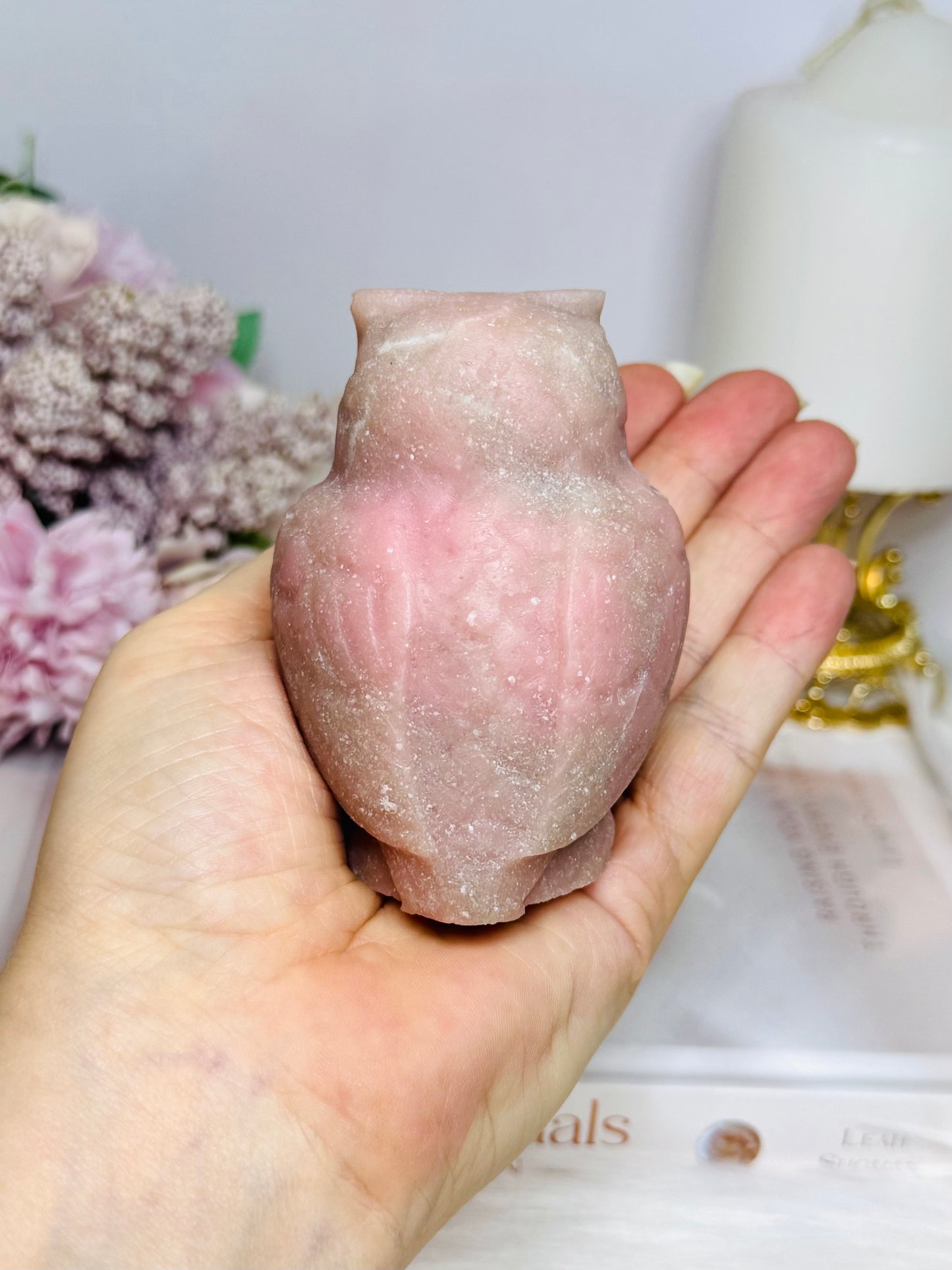 Large Pink Opal Carved Owl 8cm 305g