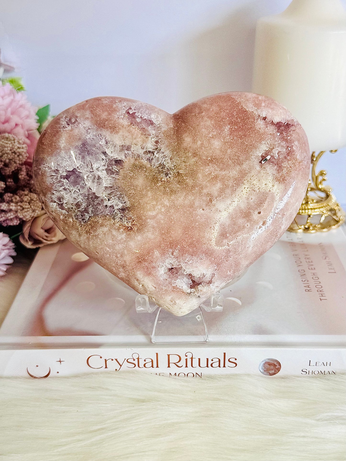 Classy & Fabulous Large Druzy Pink Amethyst Puffy Heart On Stand 832gram