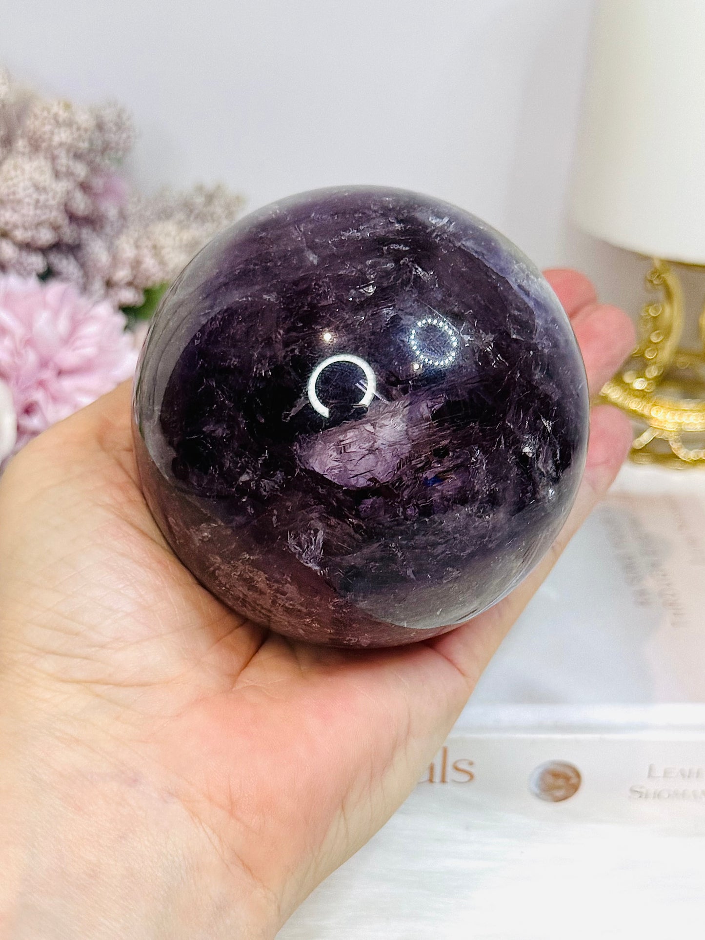 Large High Grade Phantom Amethyst Sphere with Rainbows On Stand 665g