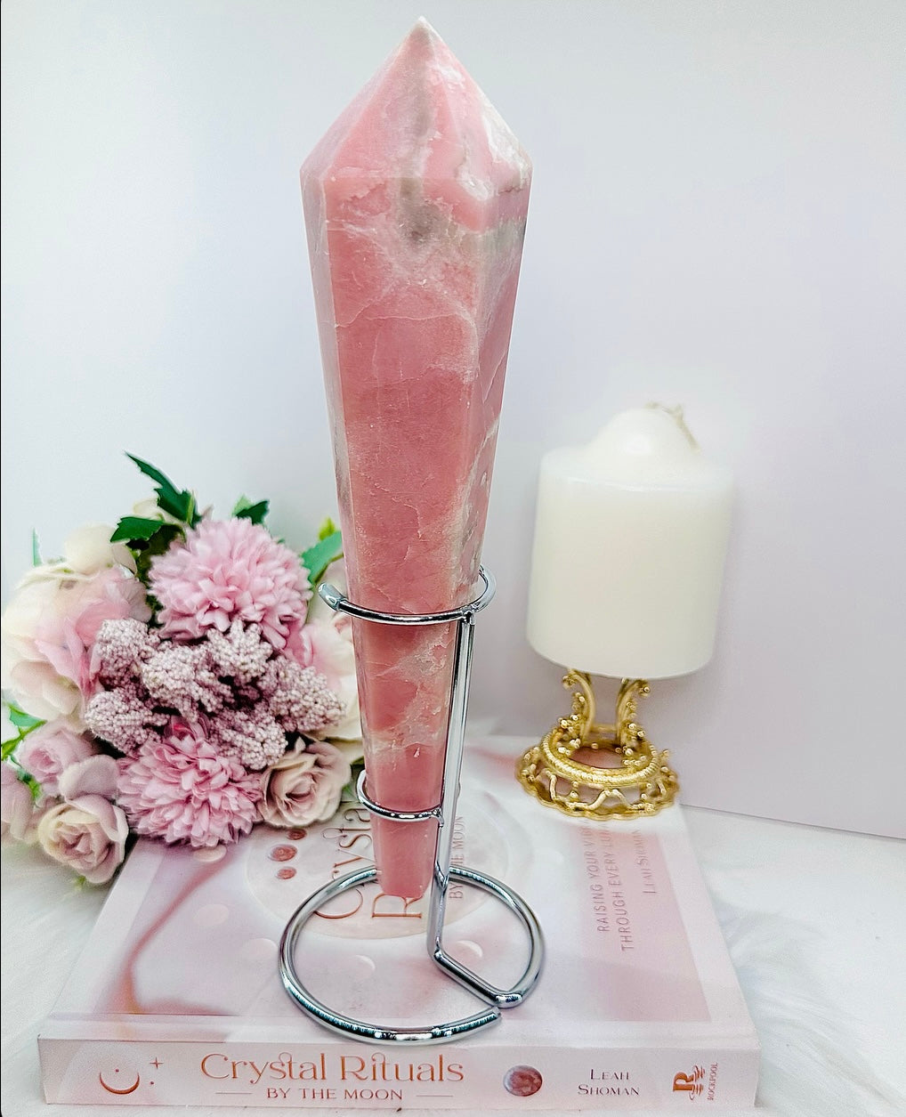 Classy & Fabulous Huge Pink Opal Wand | Obelisk Tower On Silver Stand 27cm