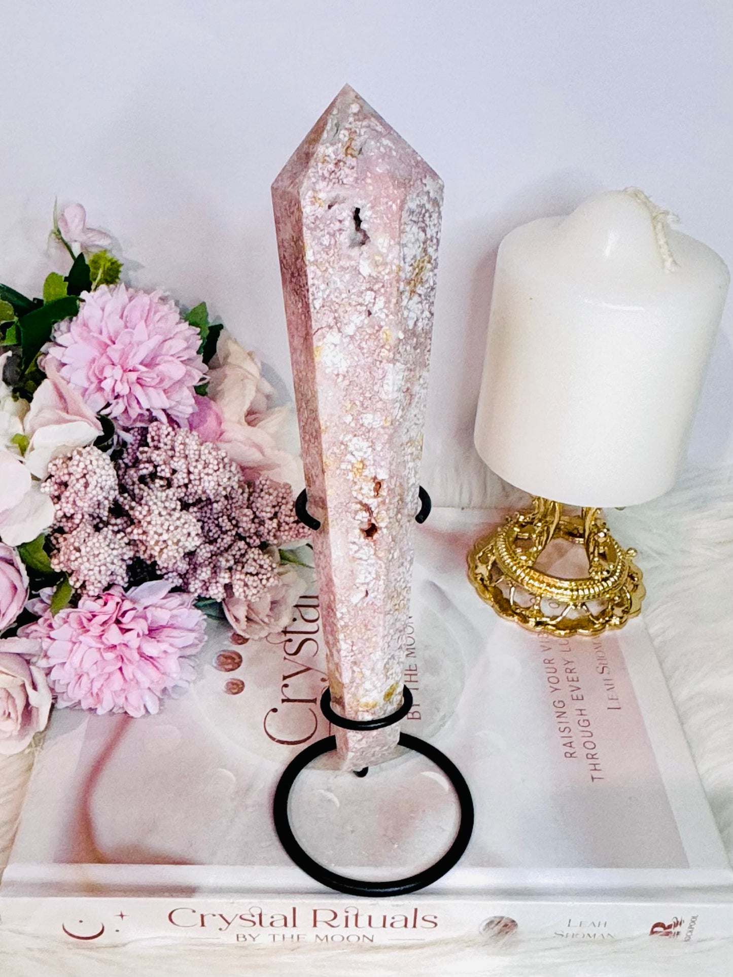 Fabulous Large 20cm Druzy Pink Agate Carved Wand on Stand