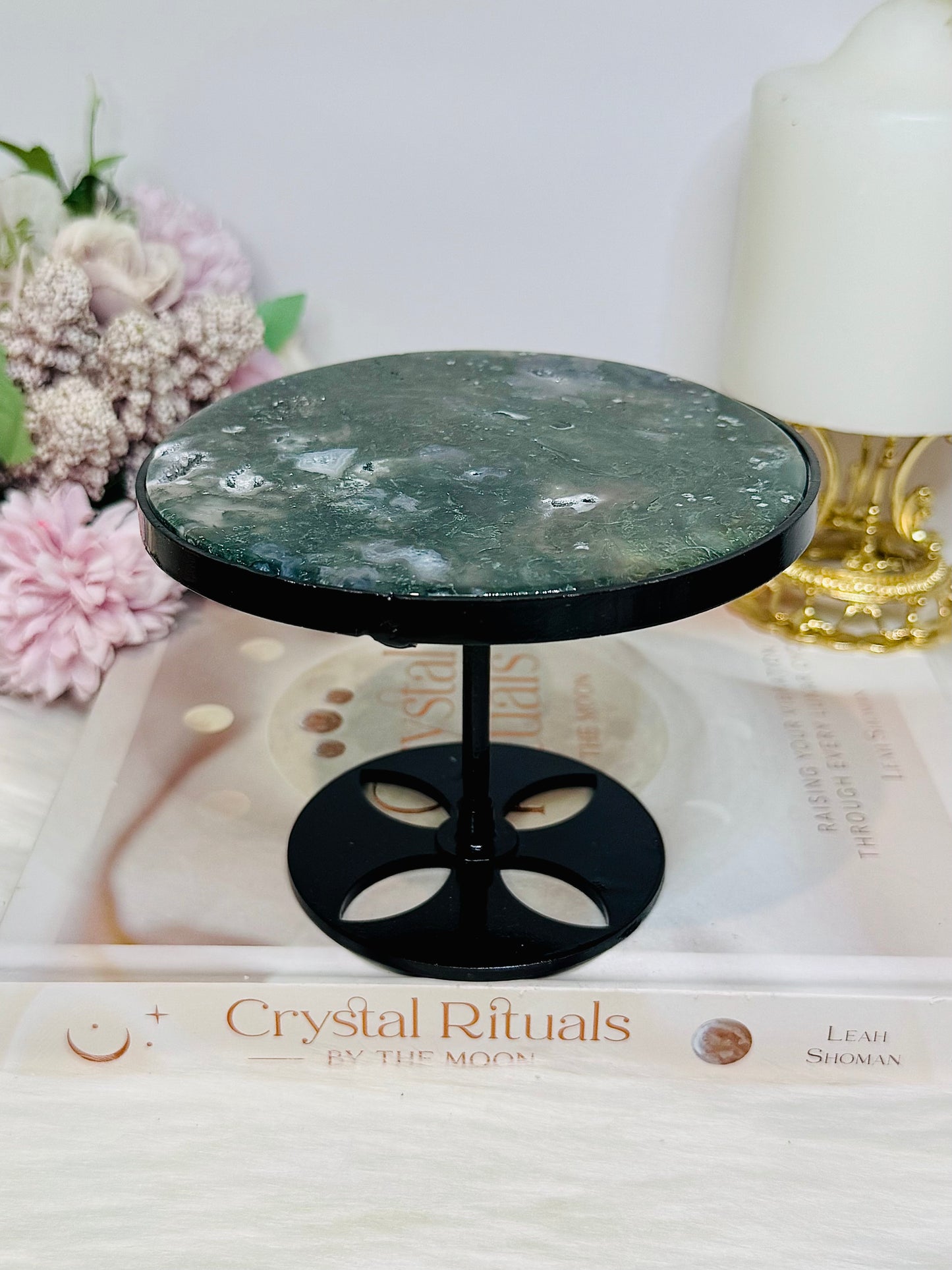 Moss Agate Druzy Spinning Top Table H:10cm W:12cm