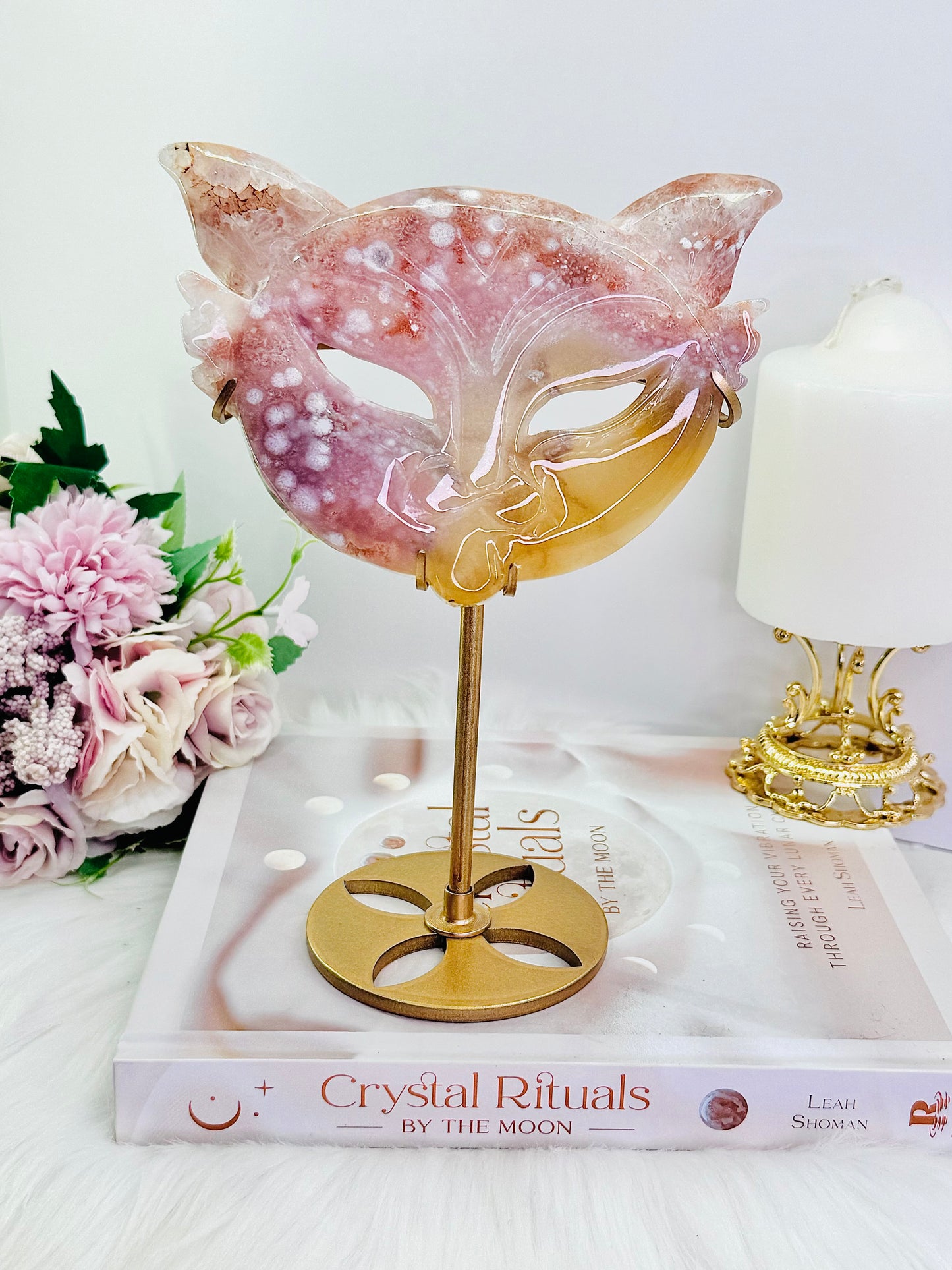 Wowww!!!!! Absolutely Incredible Large 20cm (Inc Stand) Rare Combination | Hybrid Mix Pink Amethyst X Flower Agate Mask On Gold Stand