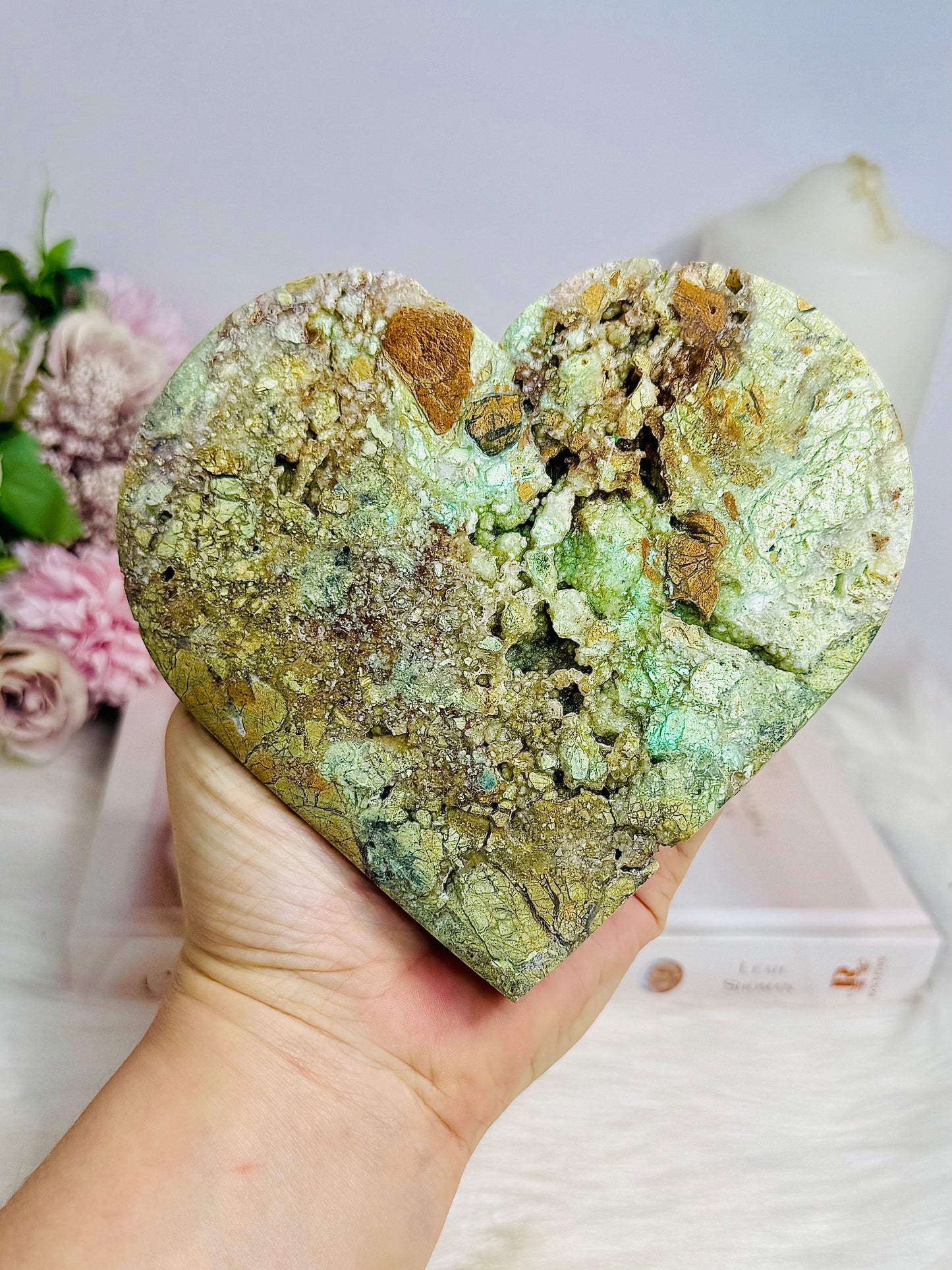 Large Natural Variscite Carved Heart on Stand 12cm