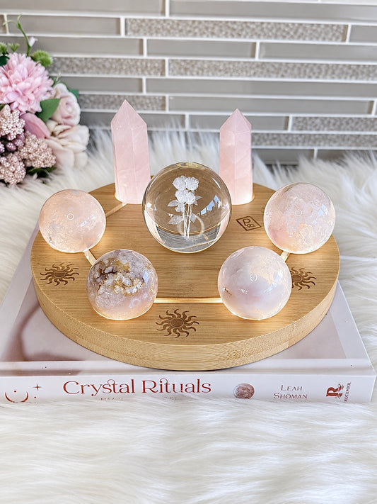 Feminine Energy ~ Large Light Stand 20cm with Glass Roses Sphere, 4 Pink Amethyst Spheres, 2 Rose Quartz Towers