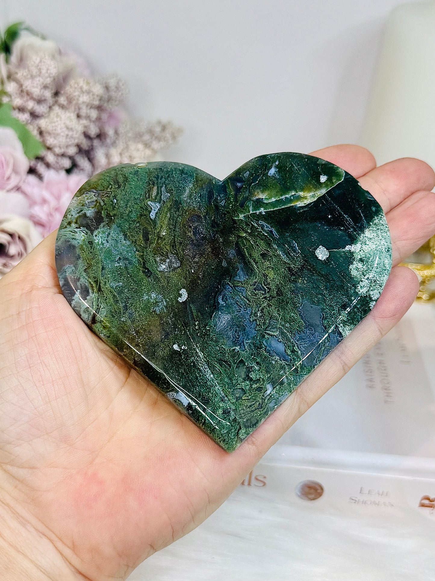 Large Moss Agate Heart on Stand 10cm