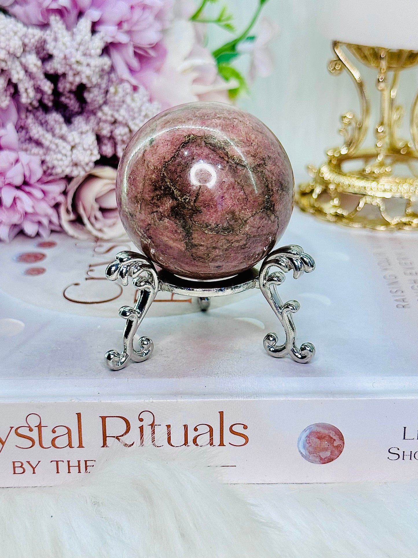 Pretty Rhodonite Sphere 174grams On Silver Stand