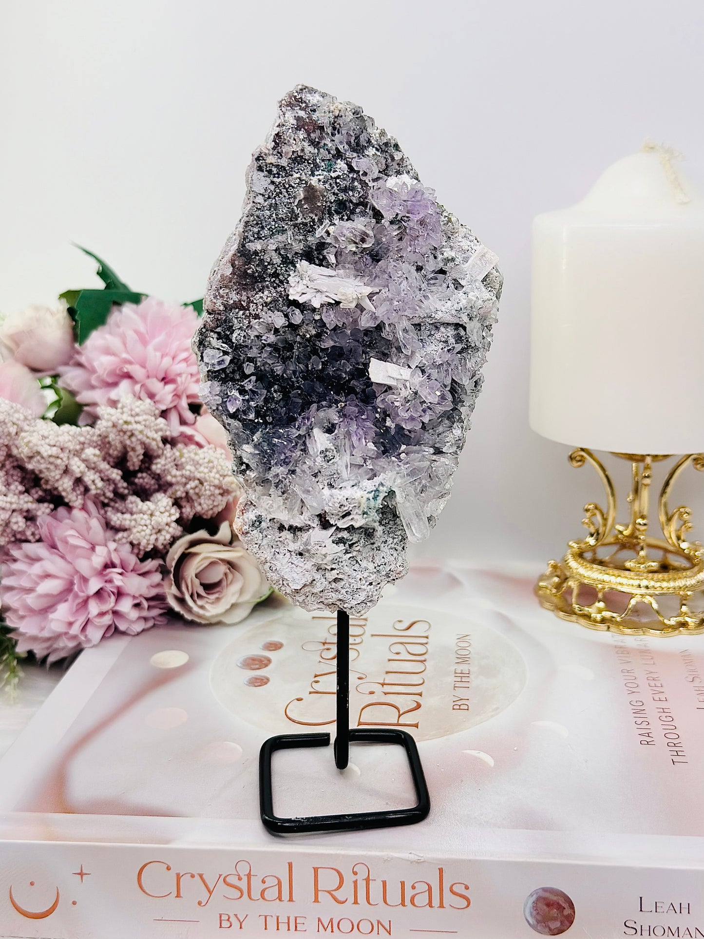 Tall 18cm Natural Zeolite | Flower Amethyst Slab on Stand From Brazil