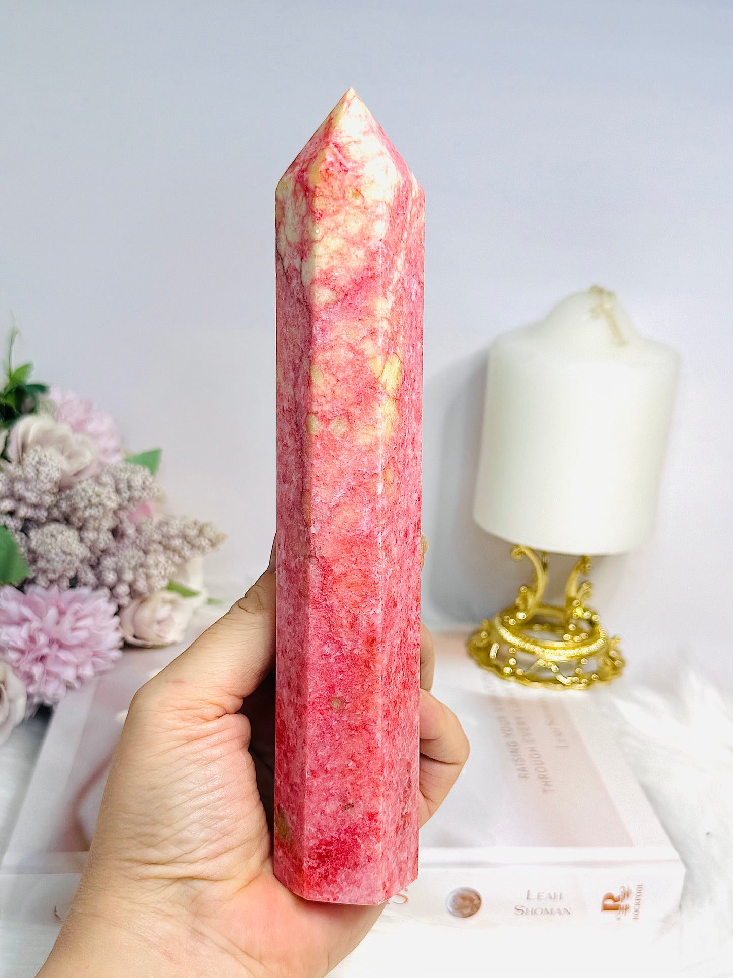 Rare Large Thulite Tower with Epidote Inclusions 20cm