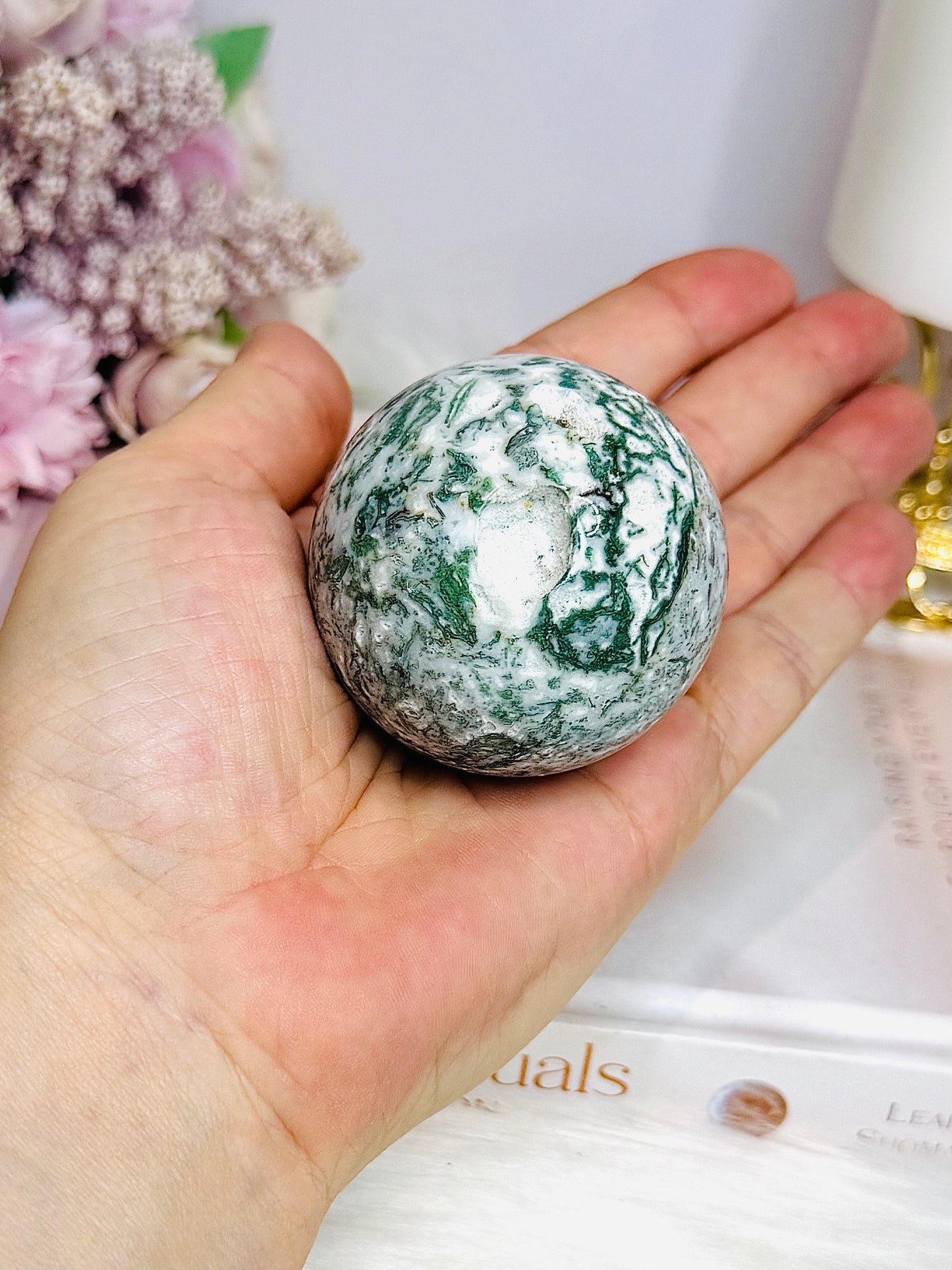 Druzy Moss Agate Sphere On Stand 172g