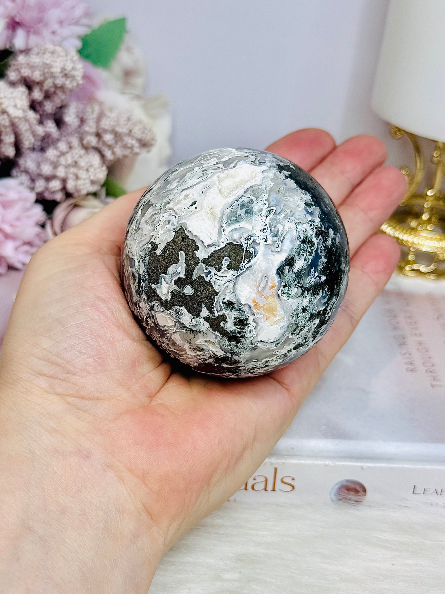 Moss Agate Sphere on Stand 368g