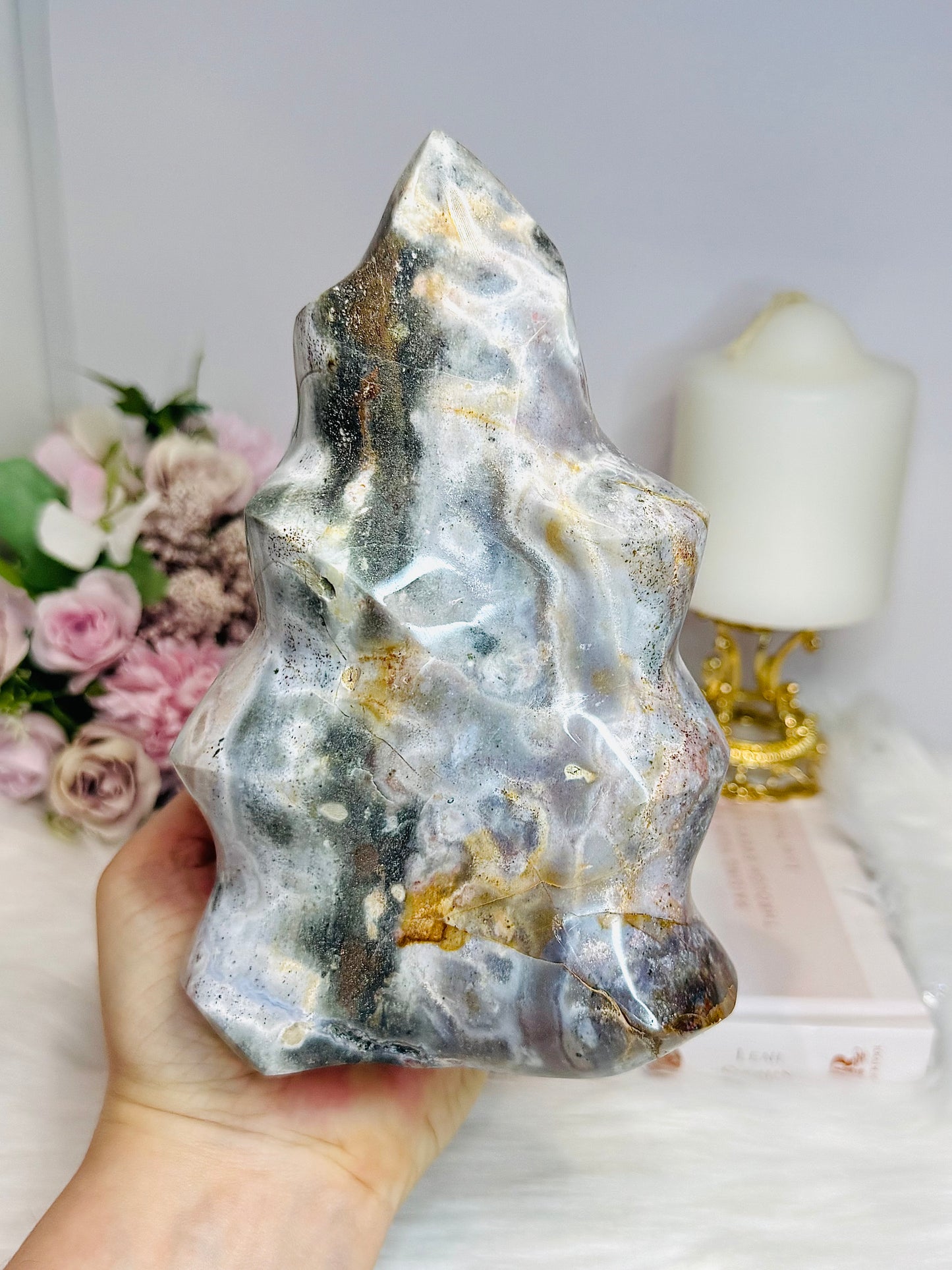 Large Ocean Jasper Carved Flame 17.5cm 1.49KG