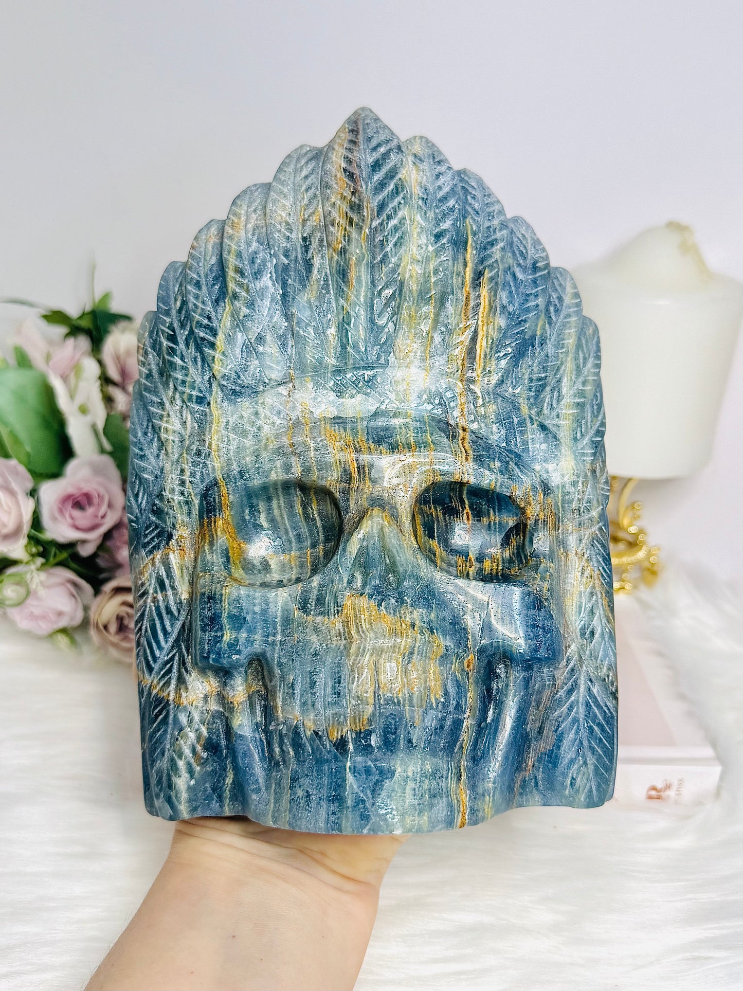 Large Natural Blue Onyx Carved Skull with Feather Headdress 19.5cm