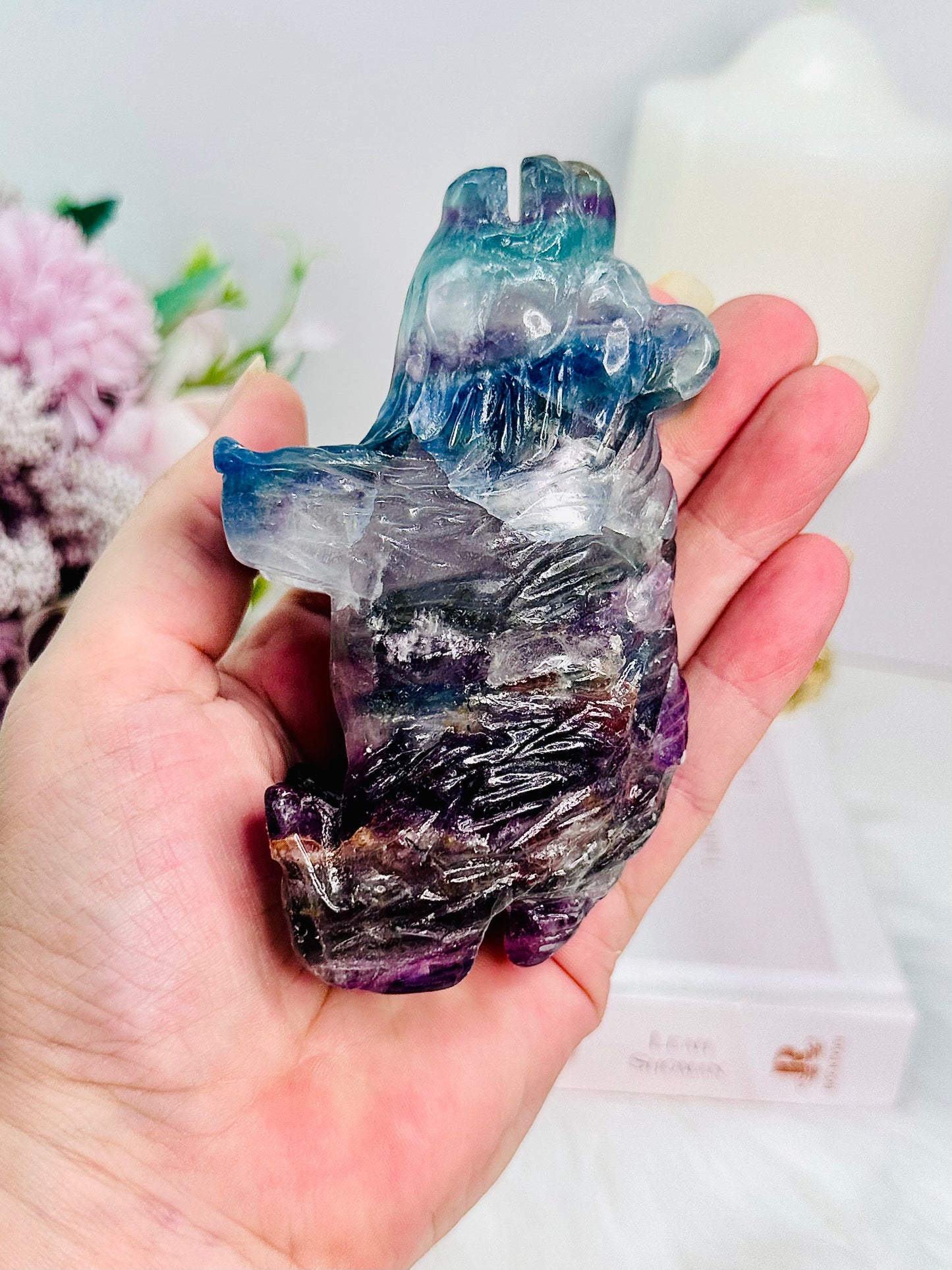 Beautiful Carved Rainbow Fluorite Bear 368grams