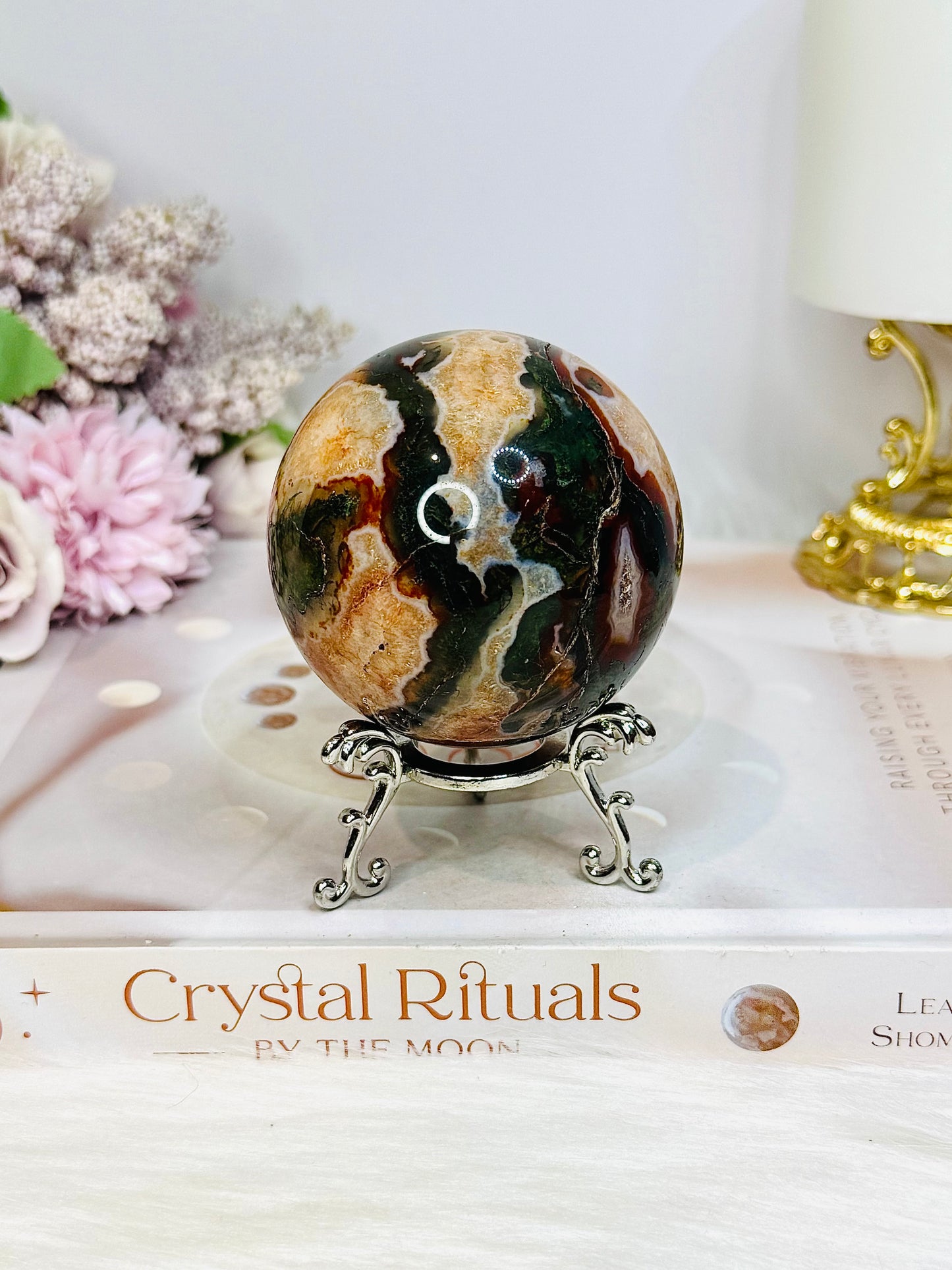 Red Moss Agate Sphere On Stand 331g