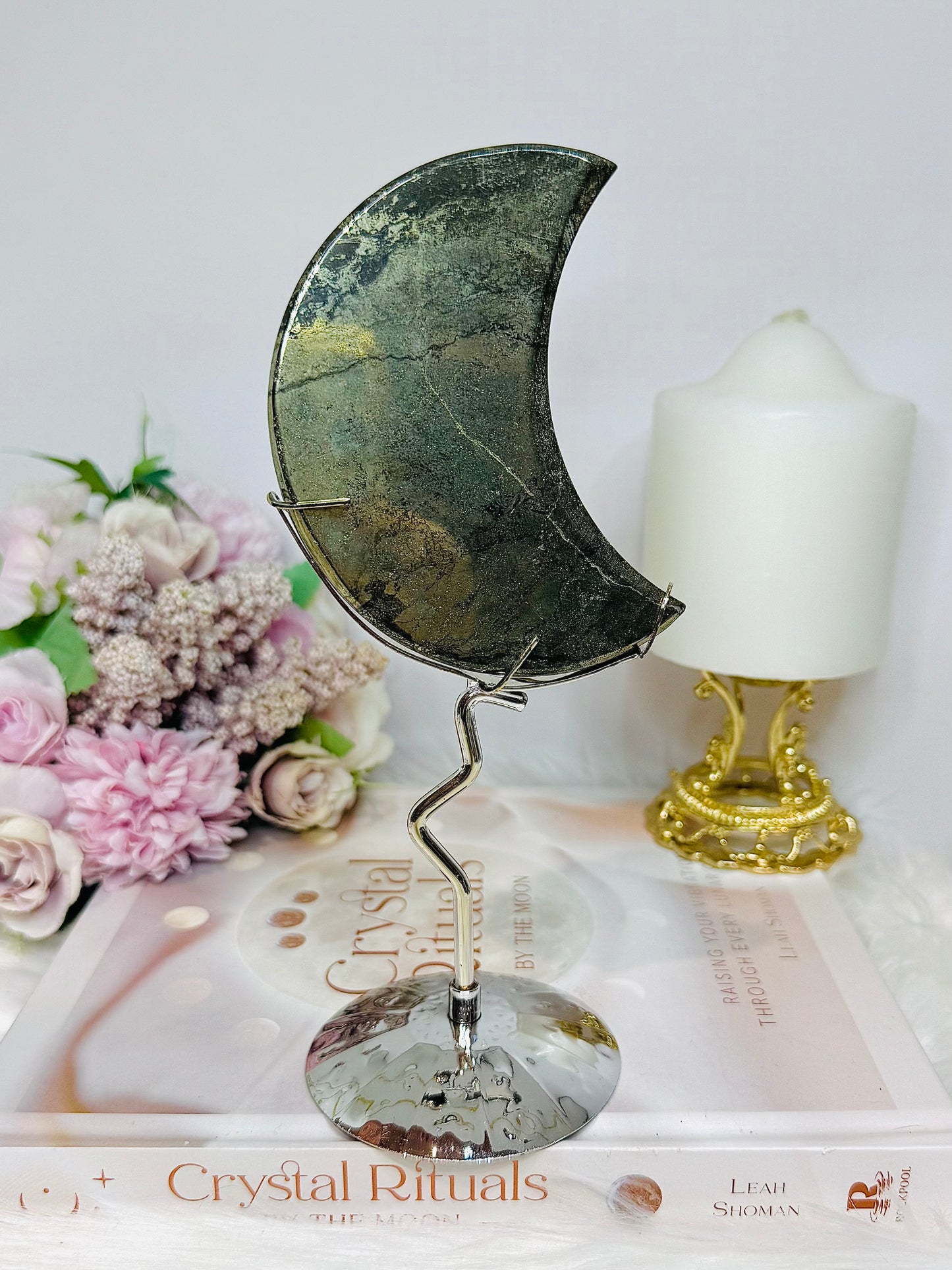 Large Pyrite Carved Moon on Stand 19cm