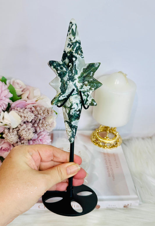 Moss Agate Carved Polaris Star On Stand 24.5cm