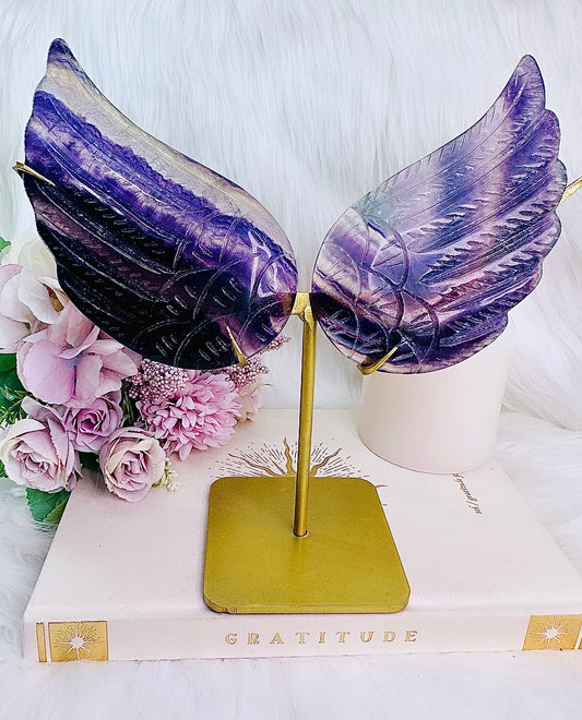 ⚜️ SALE ⚜️Classy & Fabulous Purple Fluorite Wings on Gold Stand 20cm Tall (Inc Stand) Absolutely Stunning