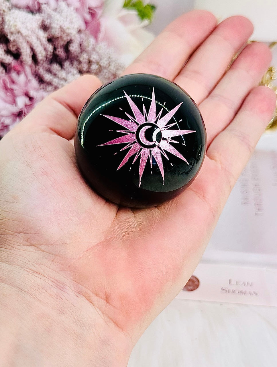 For Protection ~ Beautiful 5cm Black Obsidian Sphere with Pink Print