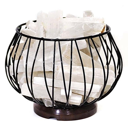 Gorgeous Large Rough Selenite LED Lamp In Black Wire Basket 2.7KG 18cm
