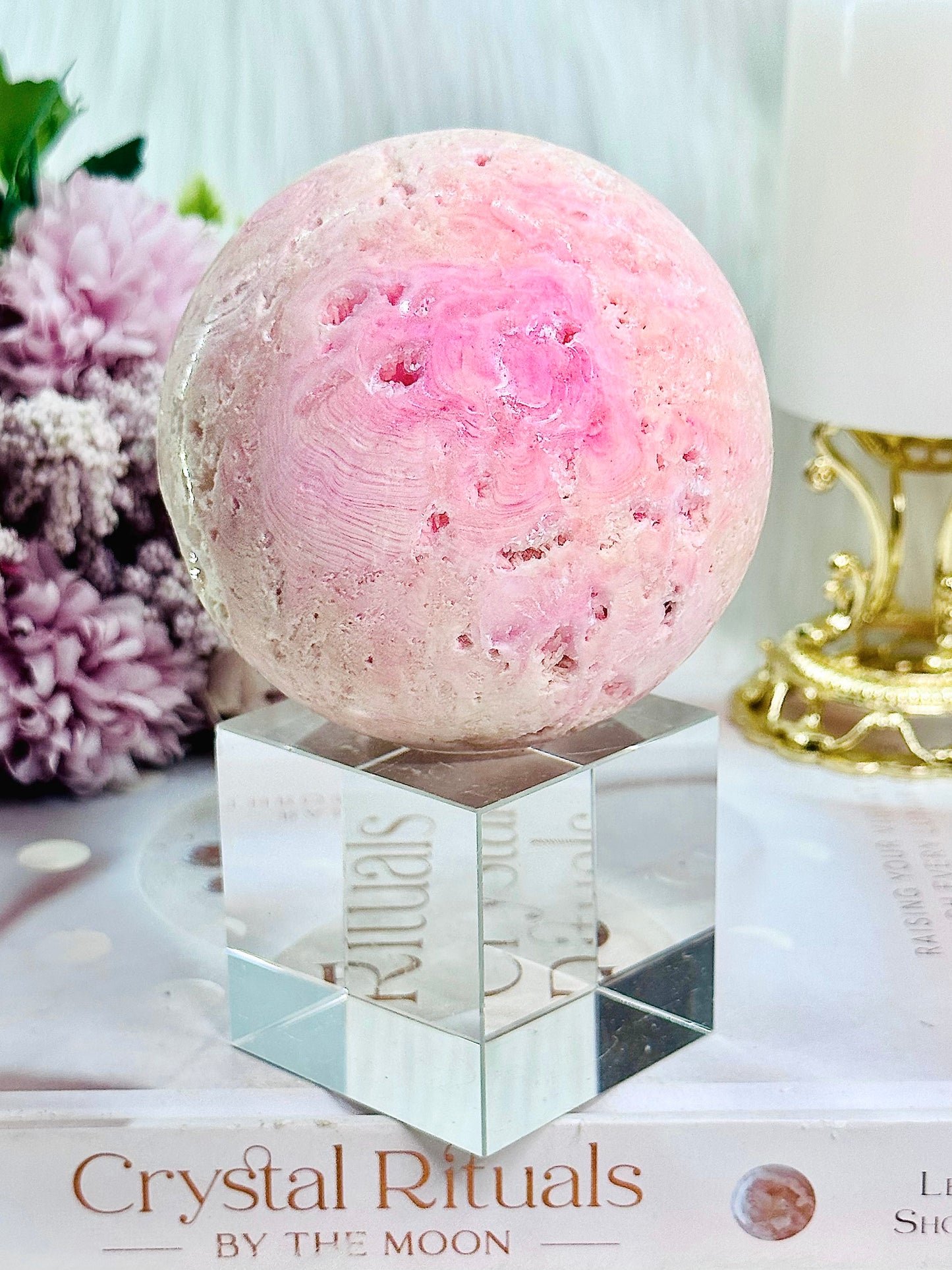 Stunning Large 621gram Natural Druzy Pink Aragonite Sphere On Stand (Stand in pic is display only)