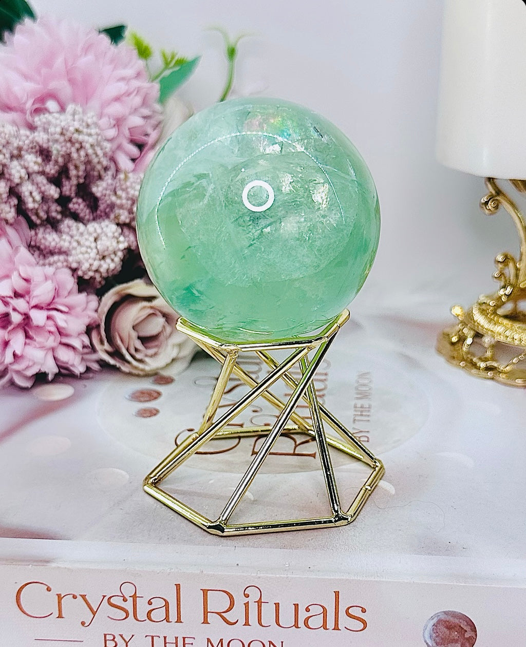 The Most Beautiful High Grade Green Fluorite Sphere With Stunning Rainbows on Gold Stand 304grams