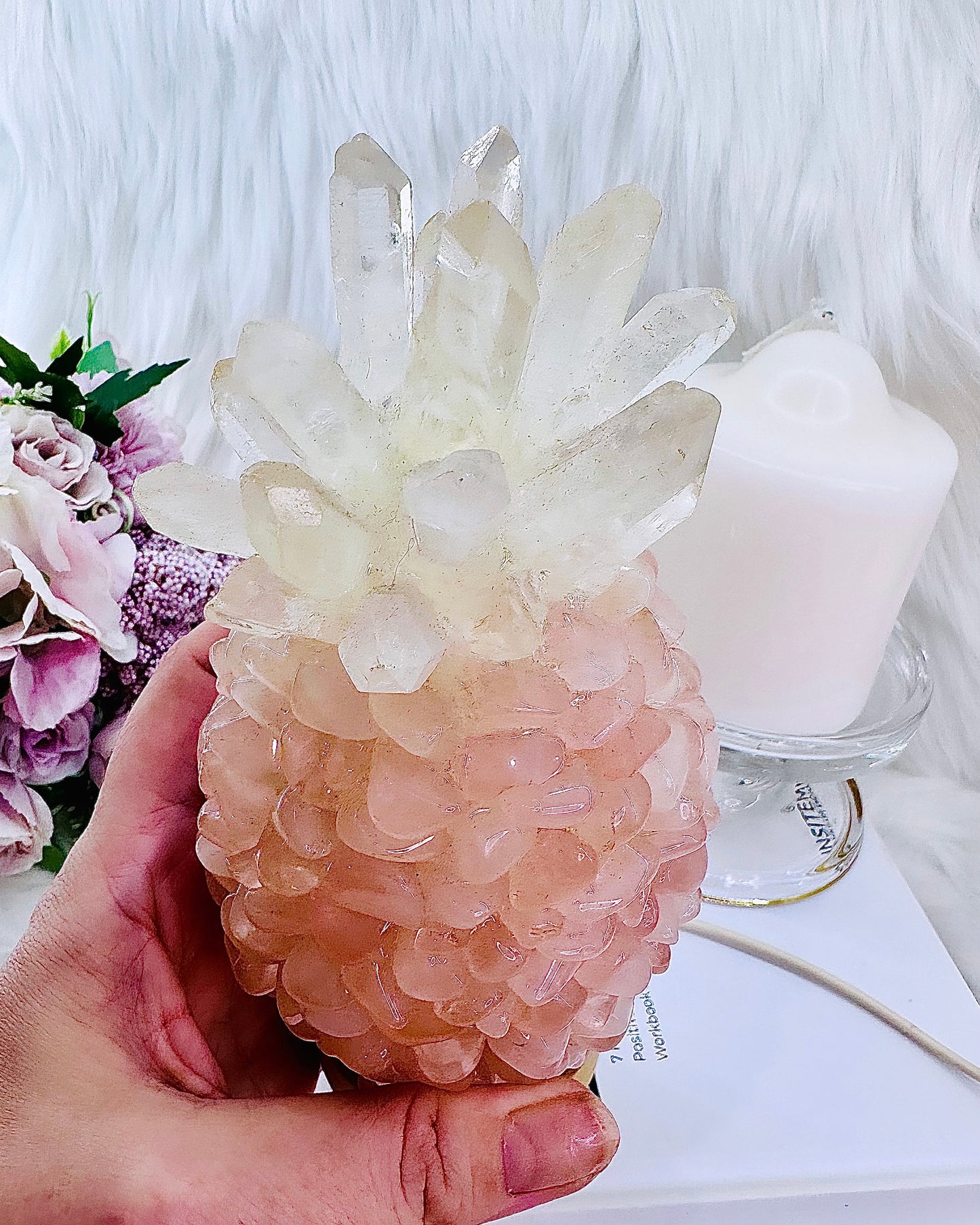 ⚜️ SALE ⚜️Beautiful Large 18cm Resin Filled Rose Quartz Pineapple Lamp with Clear Quartz Cluster