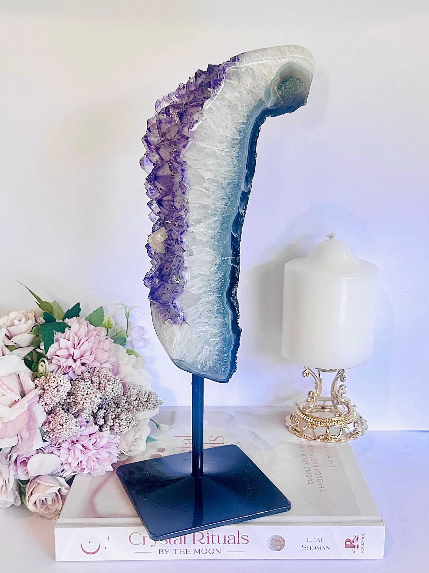 ⚜️ SALE ⚜️ Wow!! Classy & Fabulous Huge 30cm 1.4KG Druzy Amethyst Cluster with Calcite Inclusions On Black Stand From Brazil