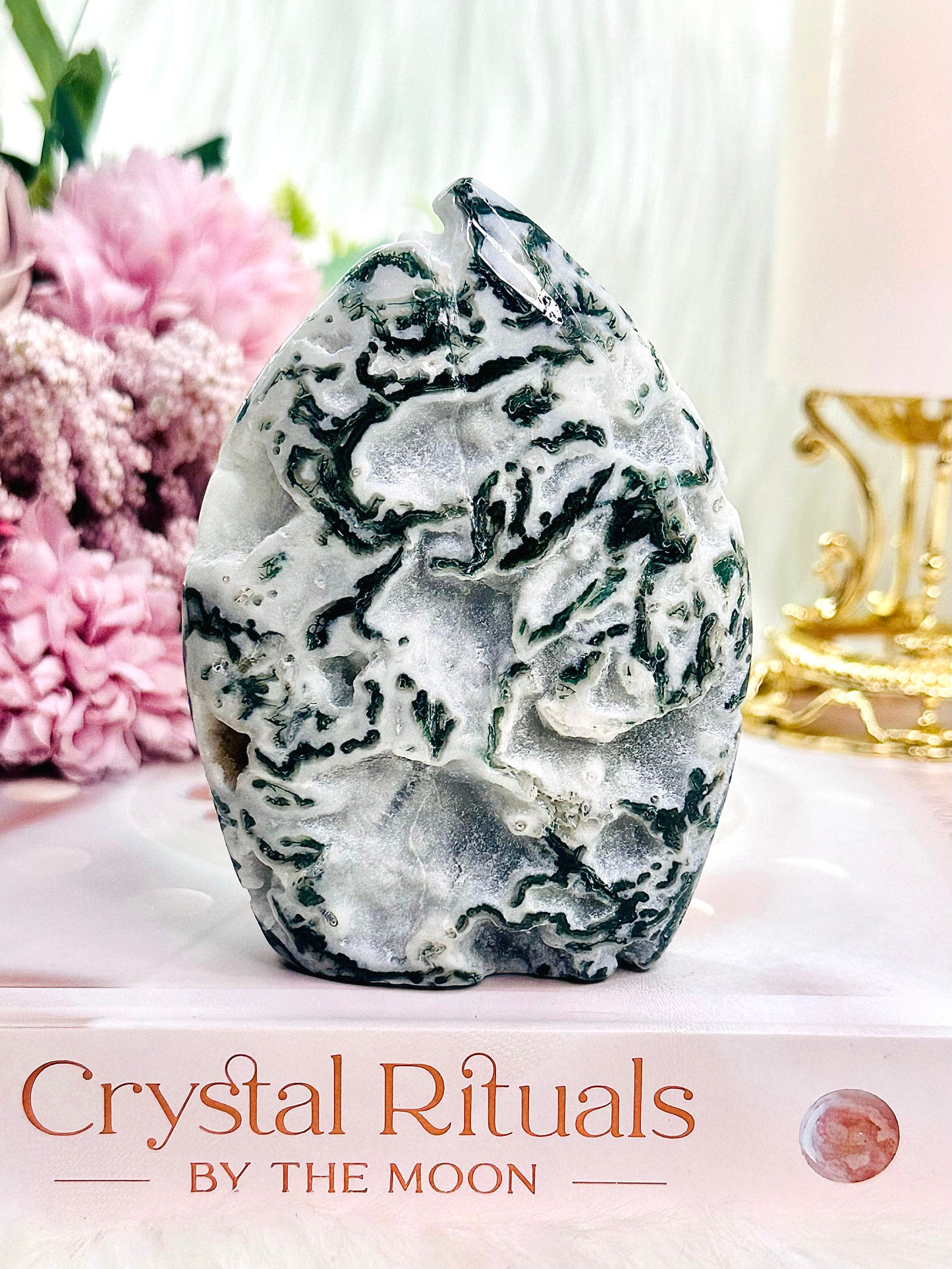 Absolutely Gorgeous Druzy Moss Agate Carved Flame