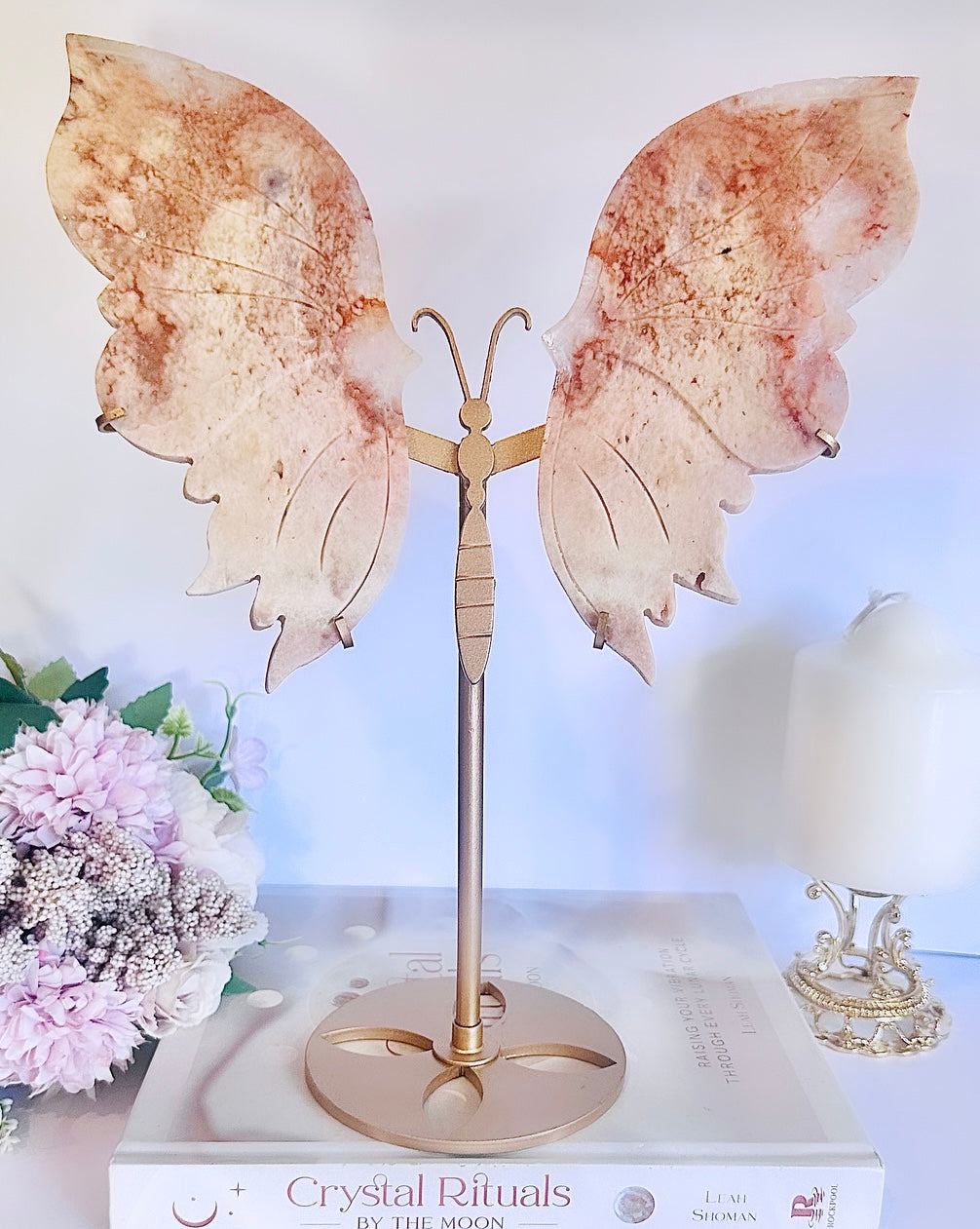 Stunning Large 29cm Pink Amethyst Carved Butterfly Wings On Gold Stand From Brazil