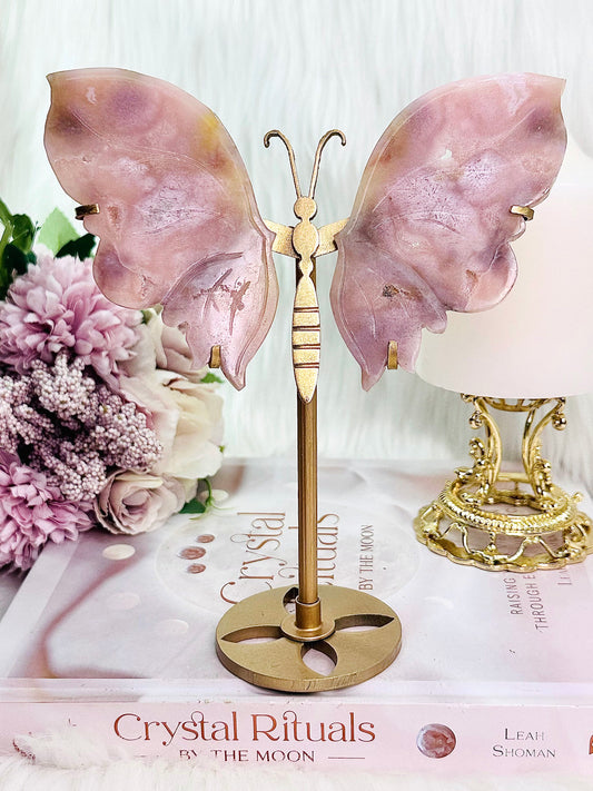 CLASSY & ABSOLUTELY FABULOUS High Grade Druzy Pink Amethyst Butterfly Wings 19.5cm Tall (Inc Stand) On Gold Stand