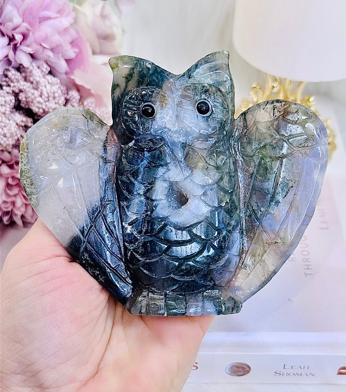 Peace & Tranquility ~ Stunning Druzy Moss Agate Carved Owl