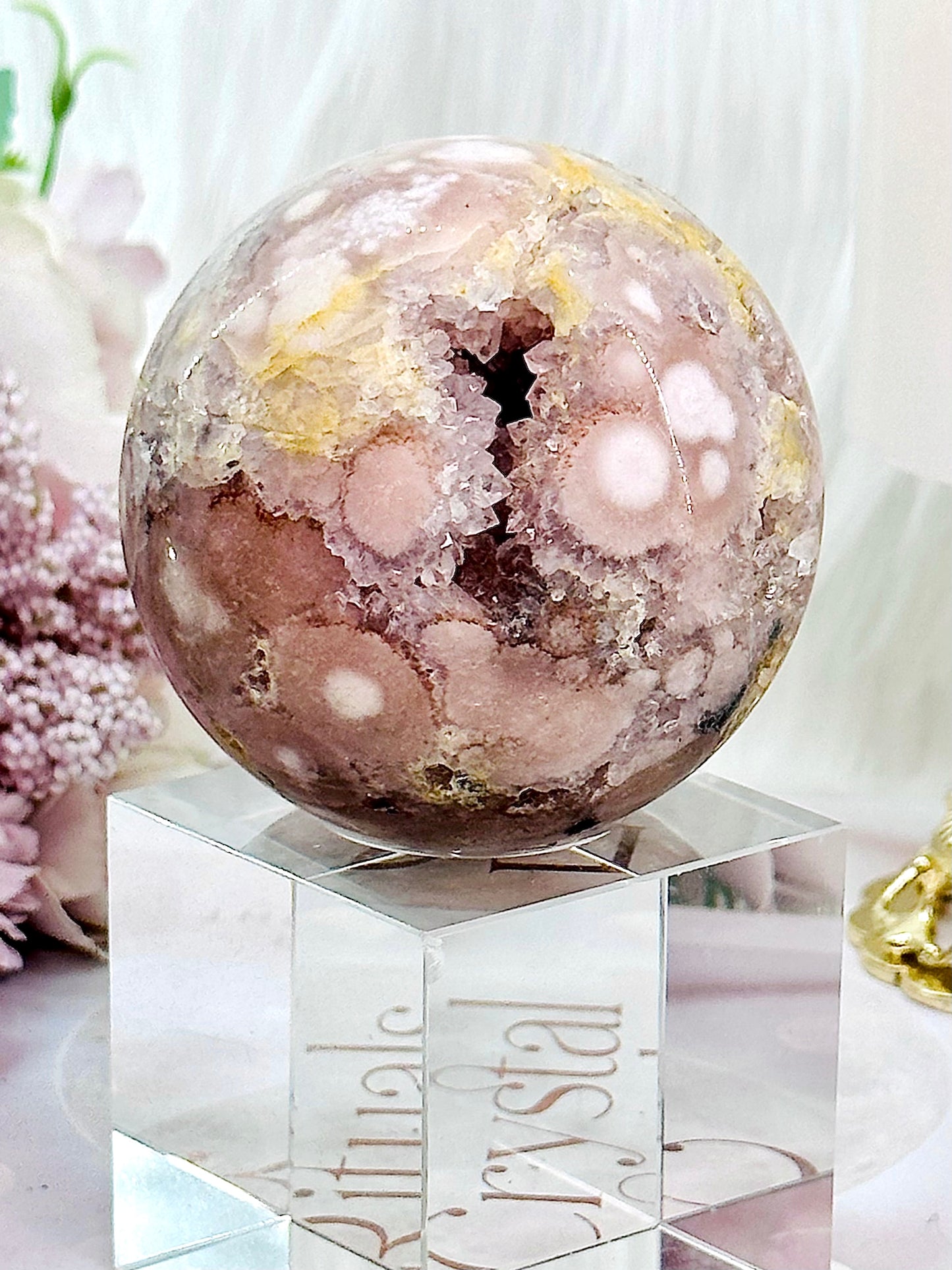 Classy & Absolutely Fabulous Druzy Pink Amethyst X Flower Agate Sphere On Silver Stand (stand in pic is display only) 343grams