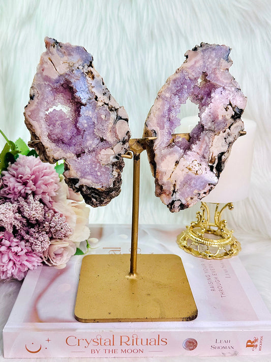 Classy & Fabulous Large 22cm (Inc Stand) Pink Amethyst Druzy Wings On Stand From Brazil (Note ~ Gold stand has some paint coming off at top)