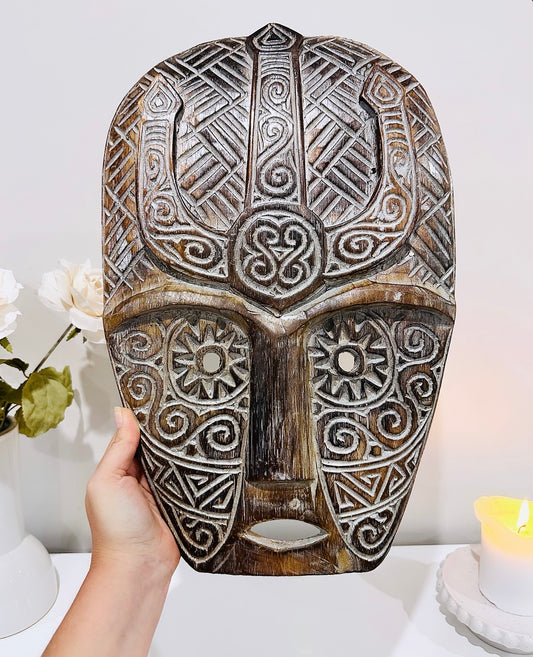 Amazing Large Natural White Wash Wood Tribal Carved Mask 45cm x 29cm