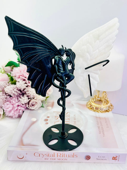 Beautiful Large 21cm (Inc Stand) Black Obsidian and White Jade Carved Wings On Stand