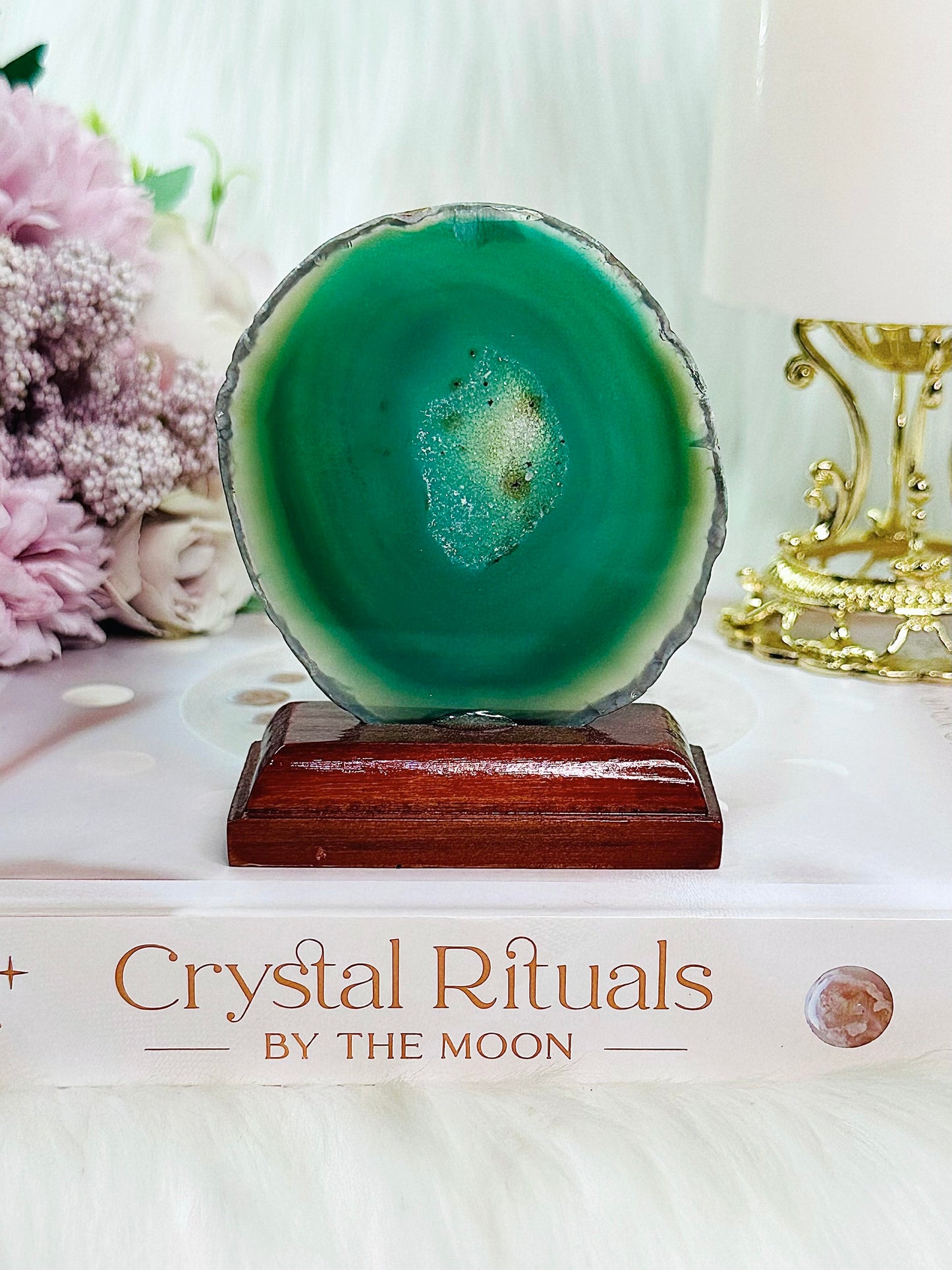 Gorgeous Green Druzy Agate Slice On Timber Stand