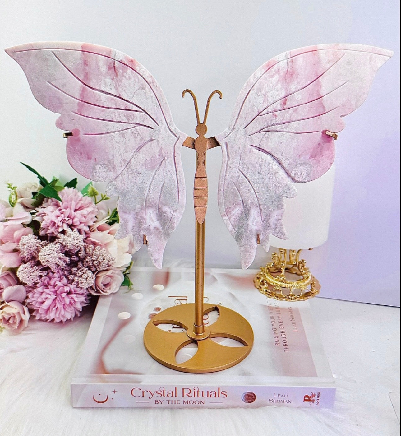 Classy & Truly Fabulous Large 25.5cm Incredible High Grade Pink Opal Carved Butterfly Wings On Gold Stand