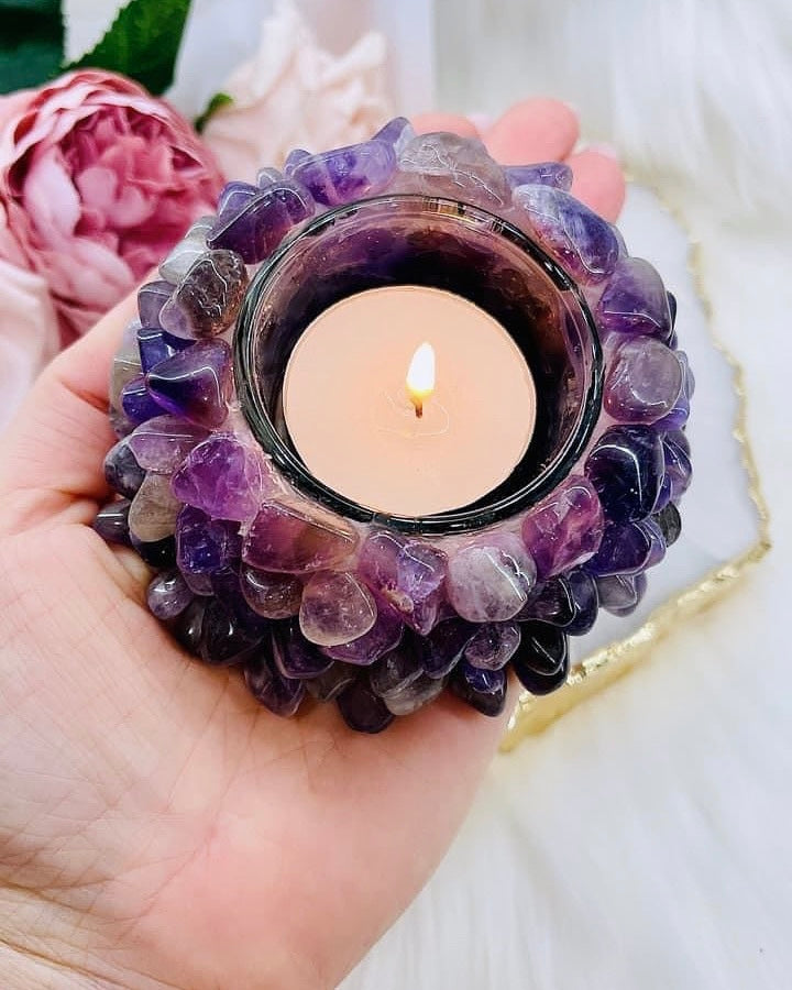 ⚜️ SALE ⚜️Absolutely Gorgeous Resin Filled Amethyst & Rose Quartz Candle Holders Rose $25 each