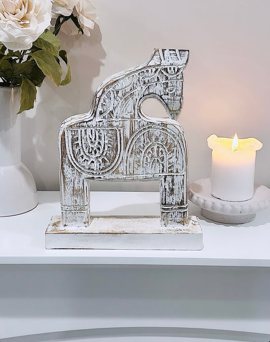 Gorgeous White Wash Wood Carved Trojan Horse 30cm
