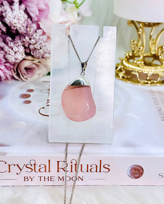 Stunning Silver Plated Chunky Rose Quartz Pendant In Gift Bag From Brazil