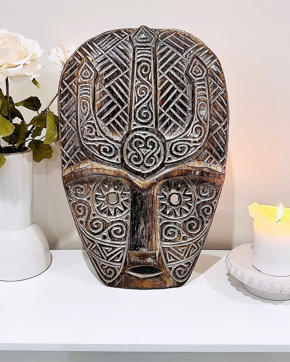 Amazing Large Natural White Wash Wood Tribal Carved Mask 45cm x 29cm