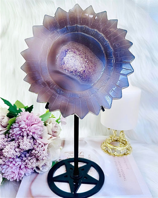 WOW!! Absolutely Phenomenal Gorgeous Large Amethyst Druzy Agate Sunflower Carving On Stand - 781grams 27cm Tall