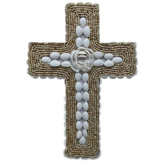 Beautiful Natural Beaded Shell Cross 30cm