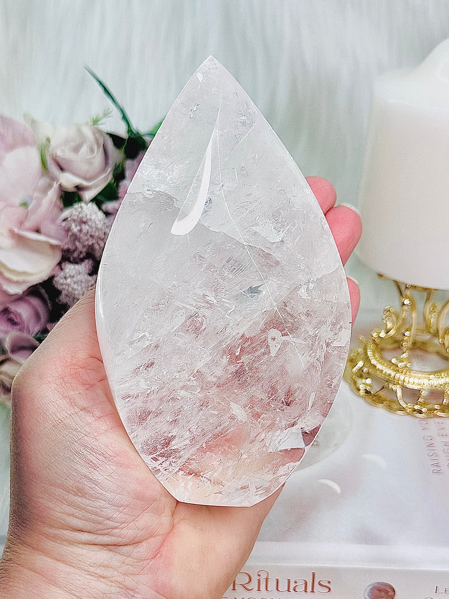 The Most Absolutely Stunning High Grade Large Clear Quartz Carved Flame | Freeform with Rainbows From Brazil 677grams