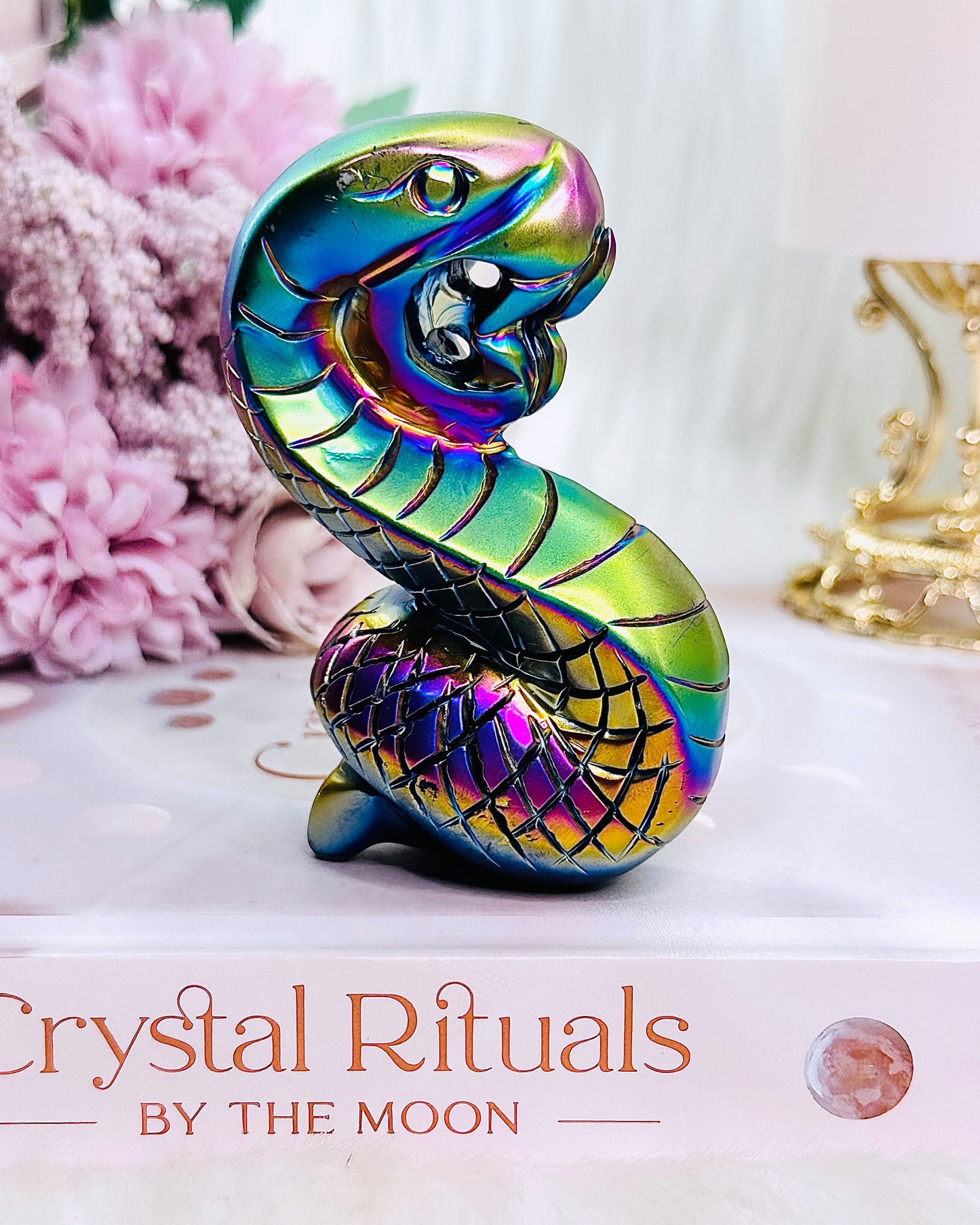 Fertility & Rebirth ~ Amazing Perfectly Carved Titanium Aura Quartz Bright Colourful Snake