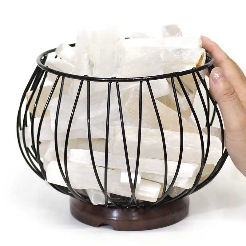 Gorgeous Large Rough Selenite LED Lamp In Black Wire Basket 2.7KG 18cm